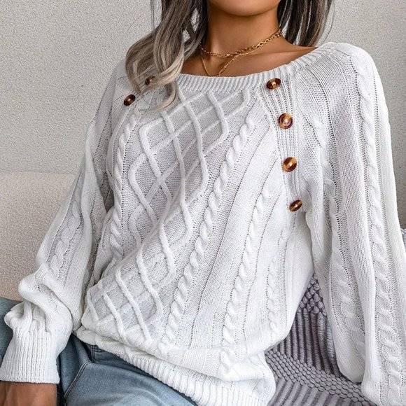 . Sweaters - White Casual Womens Cable Knit Button Detail Raglan Sleeve Sweater